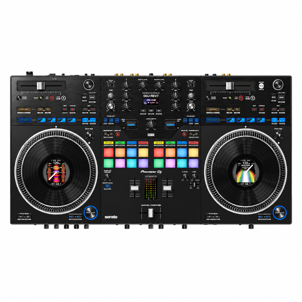 Front view of the Pioneer DJ DDJ-REV7 two-deck Serato DJ controller with dual jog wheels and central mixer controls.