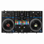 Front view of the Pioneer DJ DDJ-REV7 two-deck Serato DJ controller with dual jog wheels and central mixer controls.
