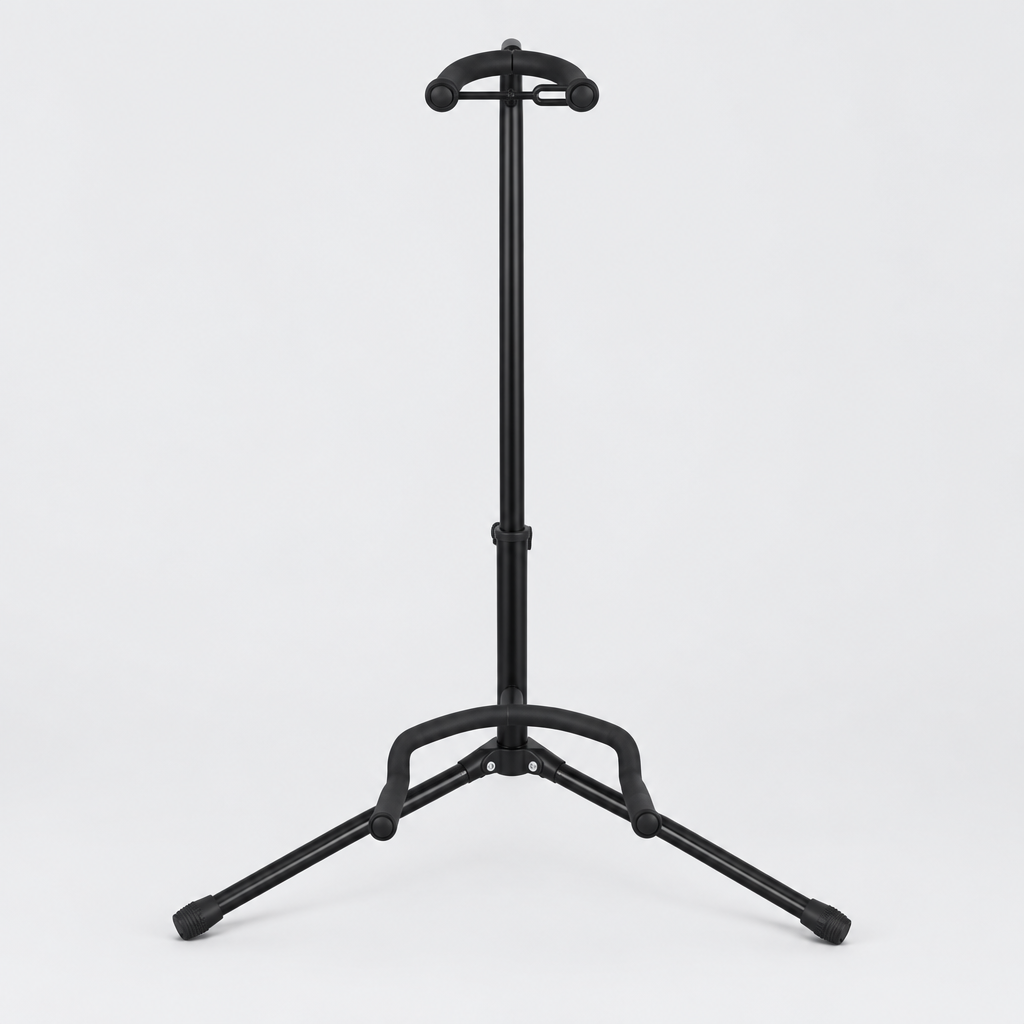Unbranded J-31 tripod guitar stand shown from the front with padded supports, adjustable center post, and rubber feet
