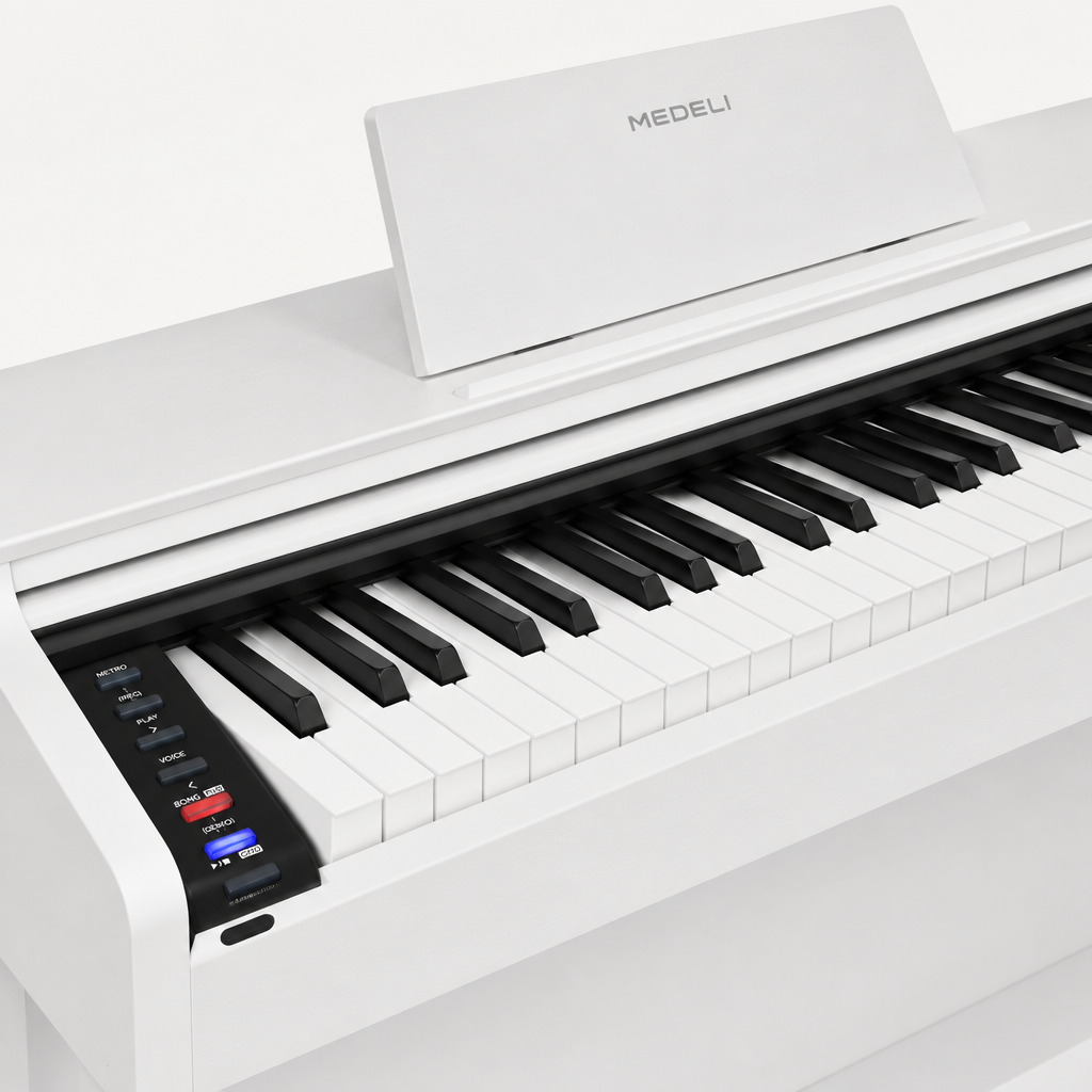 Close-up of the Medeli DP280K/WH weighted keys and controls.