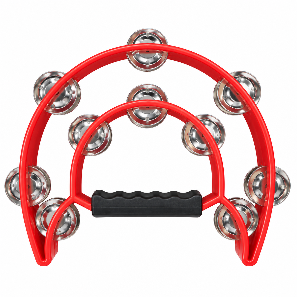 Teniniyu red half-moon tambourine, front view based on merchant reference pose