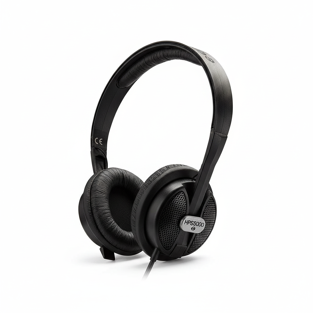Behringer HPS5000 closed-back studio headphones shown in a complete three-quarter view on a clean white background