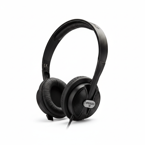 Behringer HPS5000 closed-back studio headphones shown in a complete three-quarter view on a clean white background