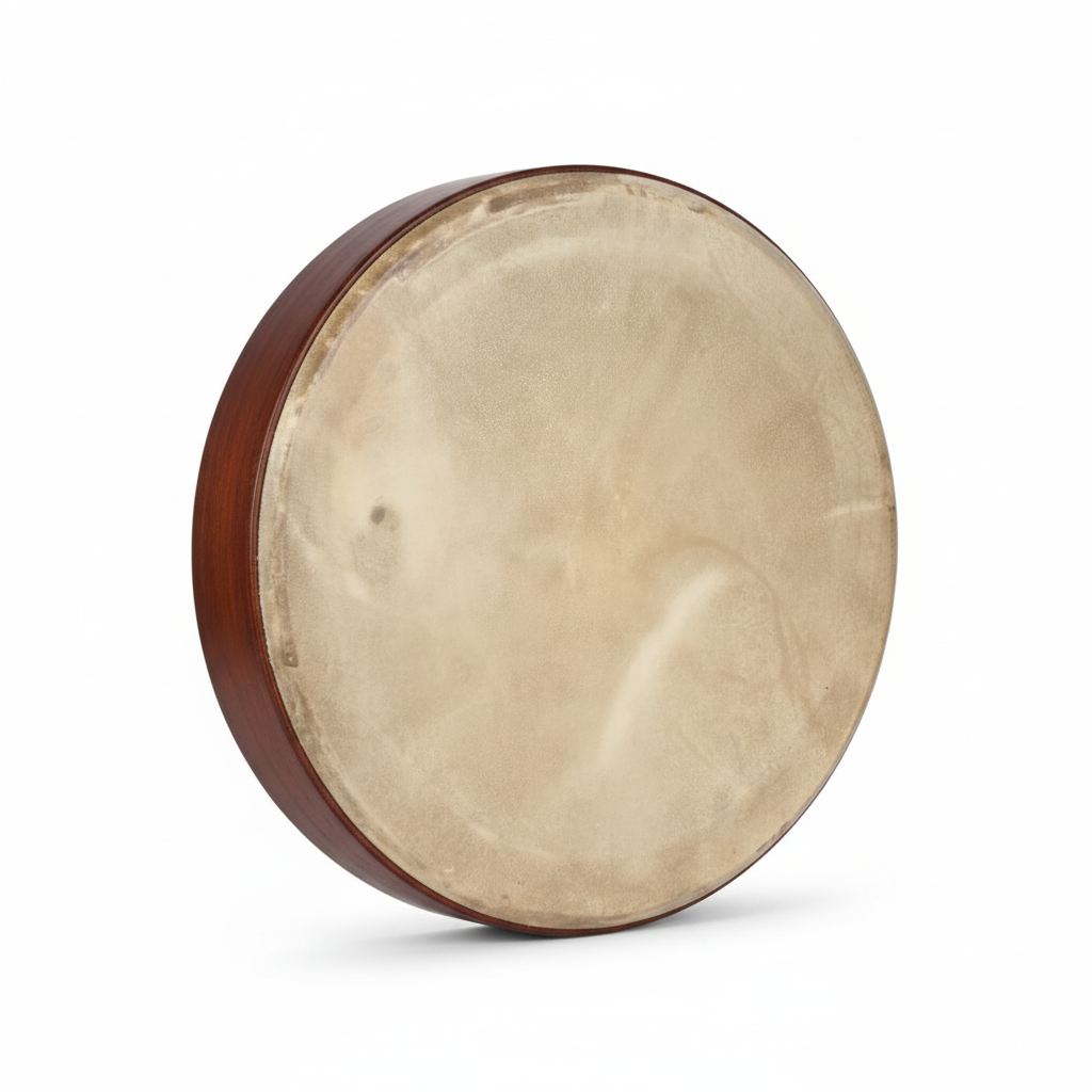 Large skin drum shown from a front three-quarter angle with natural skin head and wooden body on a white background
