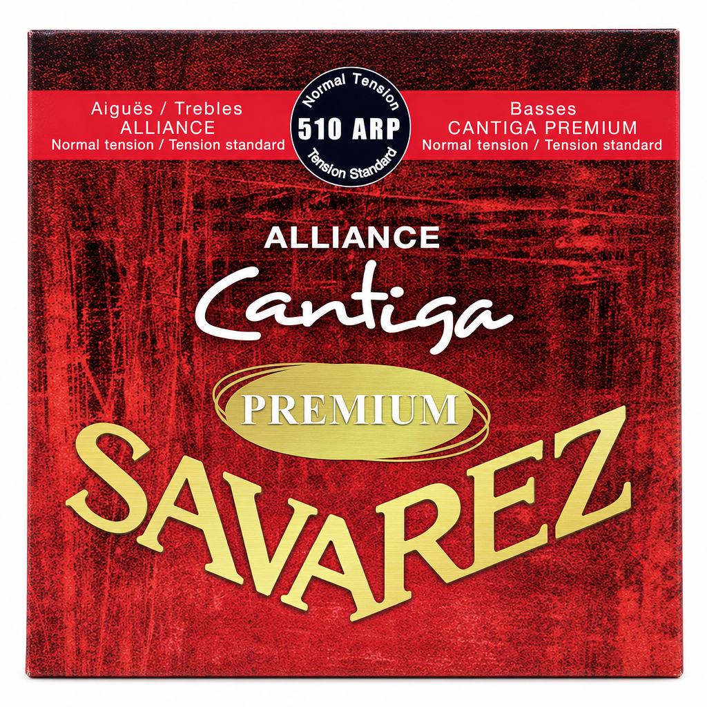Close-up of the Savarez Alliance Cantiga Premium 510ARP bass guitar strings package front label