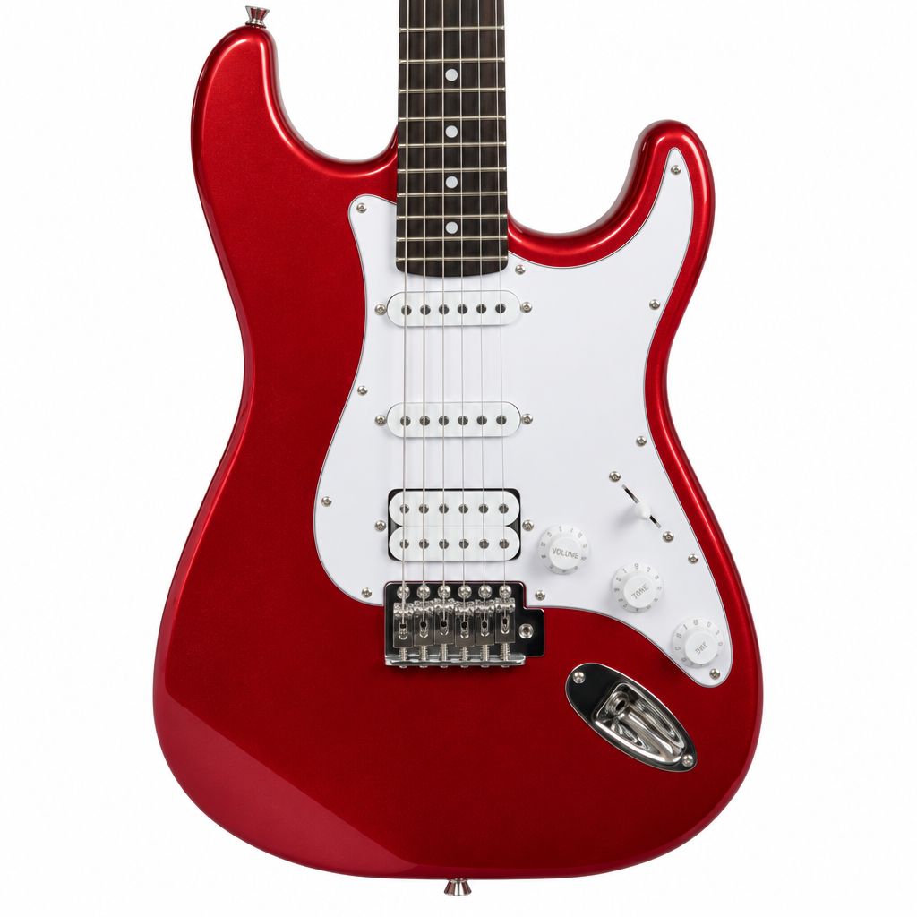 Close-up of the Rockdale Acadia HSS red metallic guitar body, ceramic HSS pickups, white pickguard, controls, and tremolo bridge