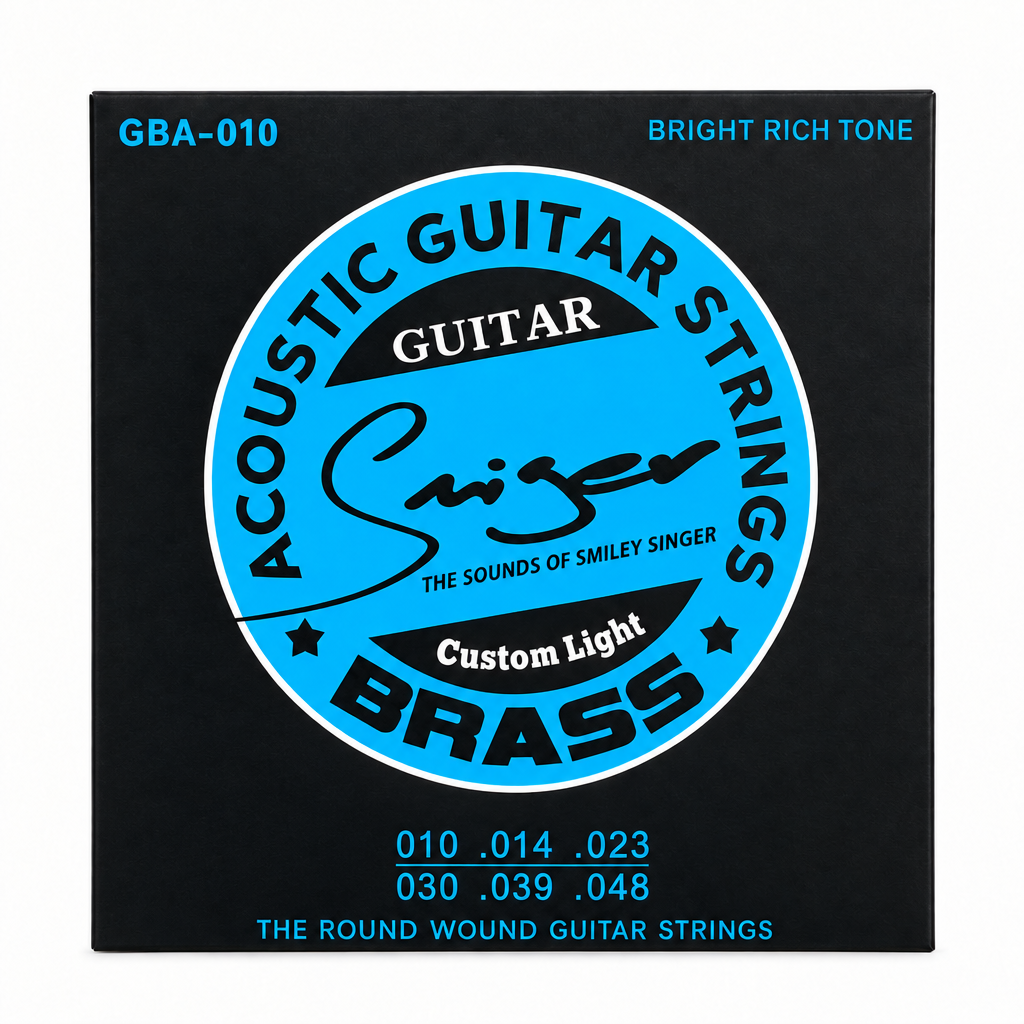 Smiger GBA-010 brass acoustic guitar strings package with all white stickers, external seller labels, QR codes, and barcodes removed, preserving the original manufacturer packaging