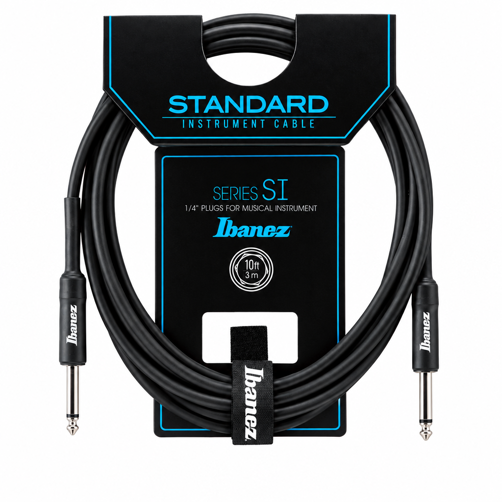 Ibanez SI10 black 3-meter instrument cable with original packaging and two straight mono plugs, front view