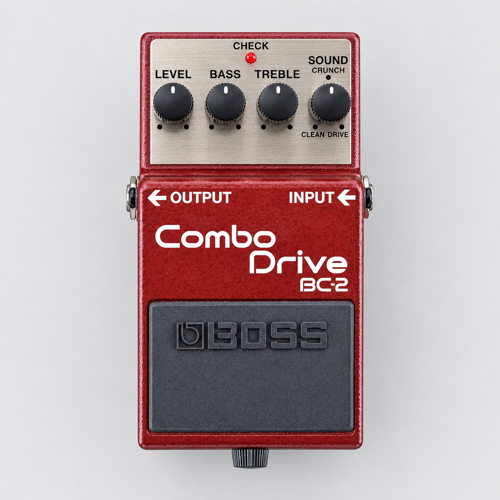 Full front view of the BOSS BC-2 Combo Drive guitar effects pedal and its controls.