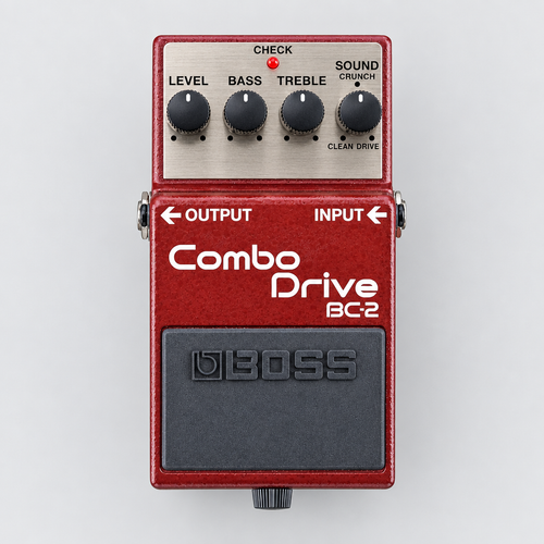 Full front view of the BOSS BC-2 Combo Drive guitar effects pedal and its controls.
