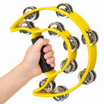 Teniniyu yellow half-moon tambourine held by a child hand at the black grip