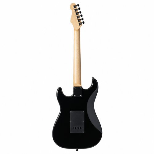 Back view of the black Rockdale Acadia HSS electric guitar, model A208986