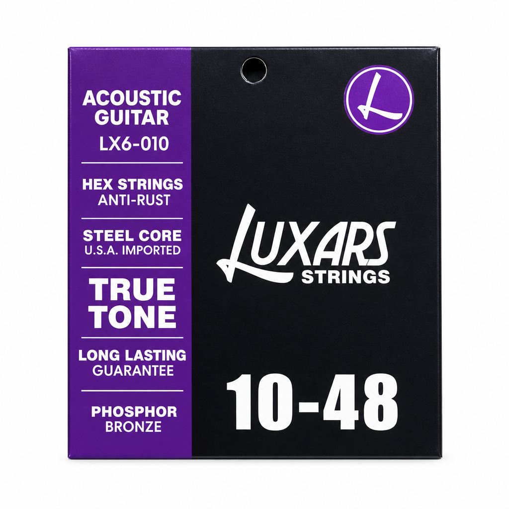 Luxars LX6-010 10-48 phosphor bronze acoustic guitar strings package, full front view with original manufacturer packaging and no external stickers or labels
