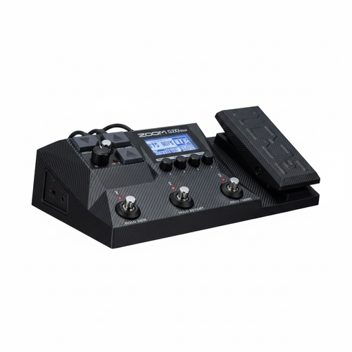 Zoom G2X Four guitar multi-effects processor shown in a complete three-quarter view with display, footswitches, expression pedal, and side connections