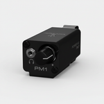 One Behringer Powerplay PM1 black personal in-ear monitor belt pack shown from the front with its volume knob, connector, belt clip, and branding