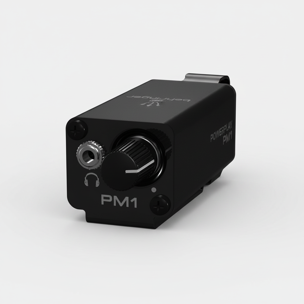 One Behringer Powerplay PM1 black personal in-ear monitor belt pack shown from the front with its volume knob, connector, belt clip, and branding