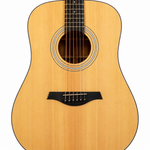 Close-up of the Rockdale Maverick D3 Gloss spruce top, rosette, sound hole, strings, and bridge