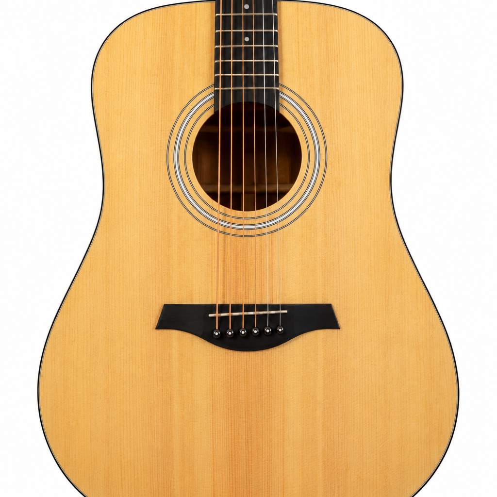 Close-up of the Rockdale Maverick D3 Gloss spruce top, rosette, sound hole, strings, and bridge