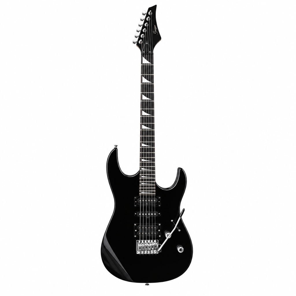Straight front view of the Smiger L-G4-BK black electric guitar preserving its original ST-style body, pickups, tremolo bridge, strings, control, neck, and headstock