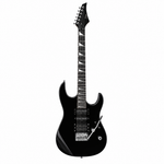Straight front view of the Smiger L-G4-BK black electric guitar preserving its original ST-style body, pickups, tremolo bridge, strings, control, neck, and headstock