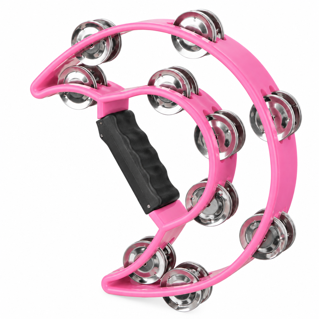 Teniniyu pink half-moon tambourine, angled view