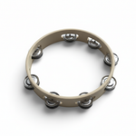 Open wooden tambourine with hollow center shown from a side-angled view with wooden frame and metal jingles on a white background