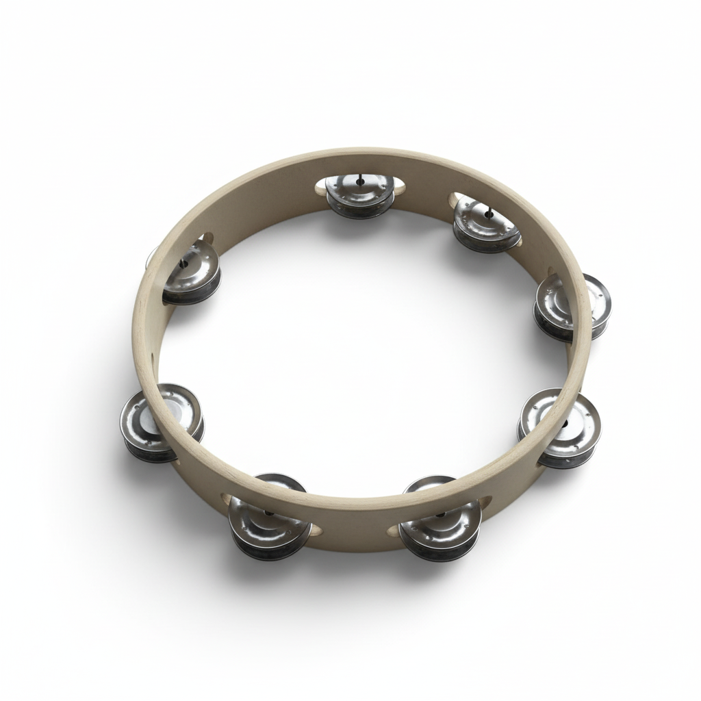 Open wooden tambourine with hollow center shown from a side-angled view with wooden frame and metal jingles on a white background