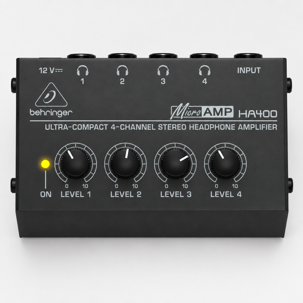 Front view of the Behringer MicroAMP HA400 showing its four headphone outputs and independent level controls.