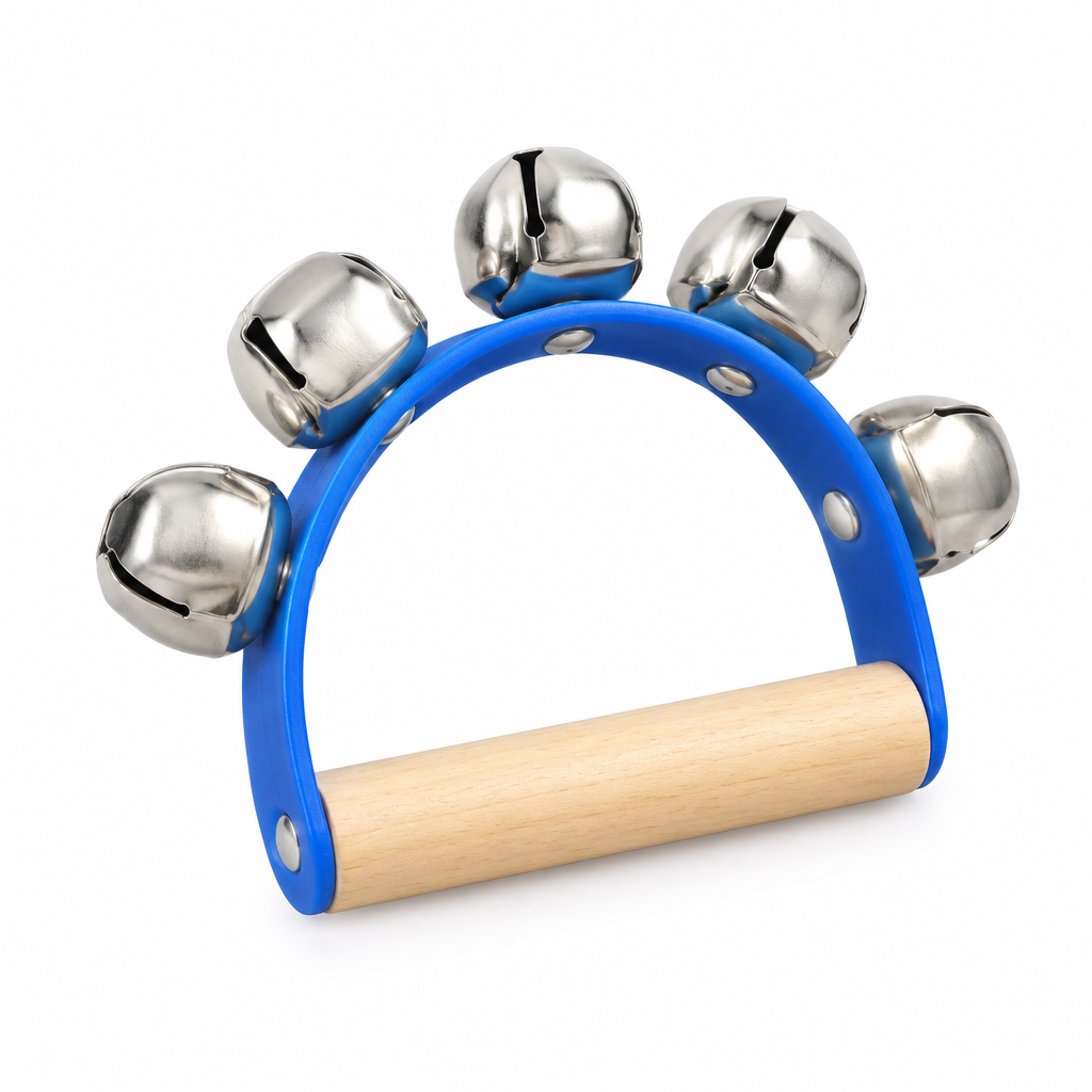 Five-bell handheld sleigh bell with the original blue frame and light wooden handle, compact angled view
