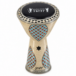 Jawharat Al Fan 22 cm Egyptian darbuka with exact Gawharet El Fan logo on the drumhead, angled view
