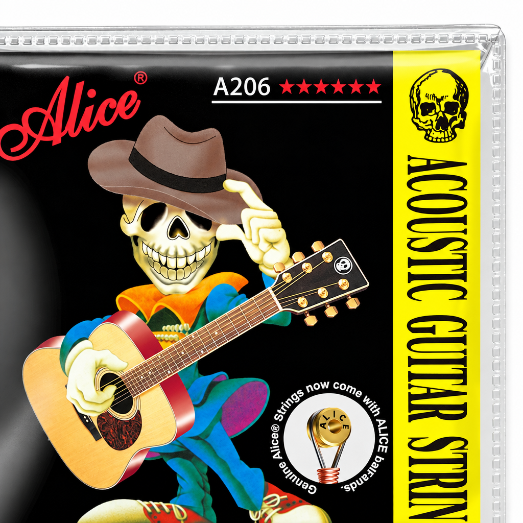 Close-up of the A206 model marking and acoustic guitar strings label on the package inside a clear sealed pouch