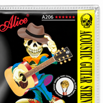 Close-up of the A206 model marking and acoustic guitar strings label on the package inside a clear sealed pouch