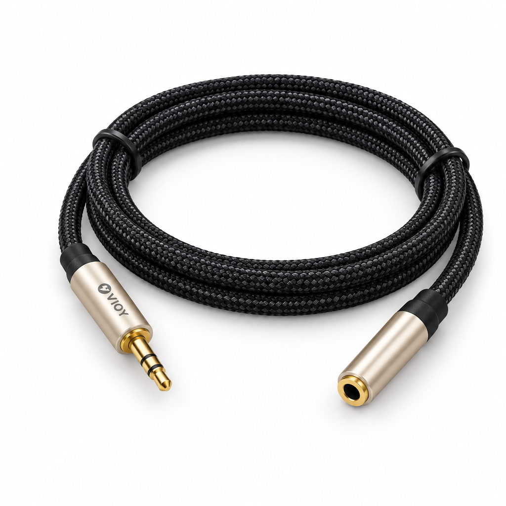 VIOY 1 m braided AUX audio extension cable, angled view showing the cable and 3.5 mm connectors