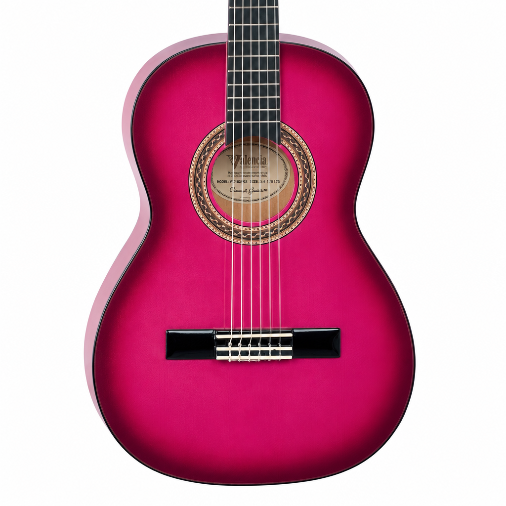 Natural close-up of the Valencia VC103PKS 3/4 Pink Sunburst classical guitar showing the rosette, nylon strings, bridge, and fingerboard