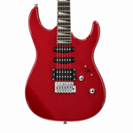 Straight close-up of the Smiger L-G4-RD electric guitar body preserving its original red finish, HSS pickups, tremolo bridge, controls, strings, and lower neck
