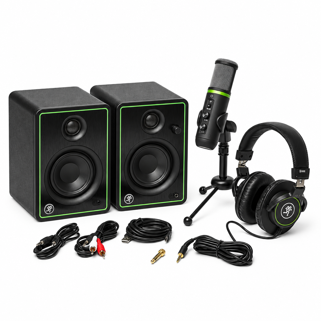 Mackie Content Creator Bundle with studio monitors, USB microphone, and headphones arranged together.