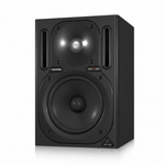 One Behringer Truth B2030A black powered studio monitor shown at a three-quarter angle with cabinet depth, woofer, tweeter, front ports, and Behringer branding
