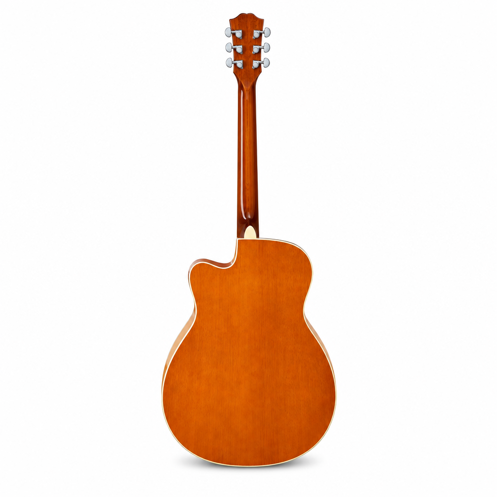 Straight back view of the Smiger GA-H10-3TS acoustic guitar preserving its original 3-color sunburst finish, cutaway body, back, neck, headstock, and tuning machines