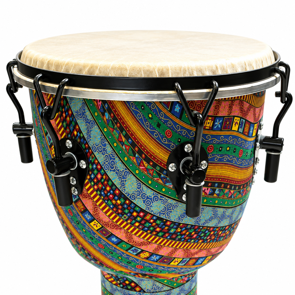 Close-up of the Djembe leather drumhead, black rim, tension hardware, and colorful patterned shell
