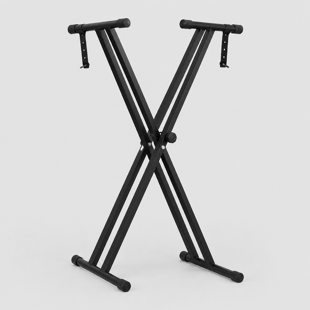 Unbranded Q-2XC-1 black double-X keyboard stand shown from the front with adjustable support arms and rubber feet