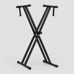 Unbranded Q-2XC-1 black double-X keyboard stand shown from the front with adjustable support arms and rubber feet