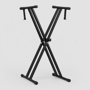 Unbranded Q-2XC-1 black double-X keyboard stand shown from the front with adjustable support arms and rubber feet