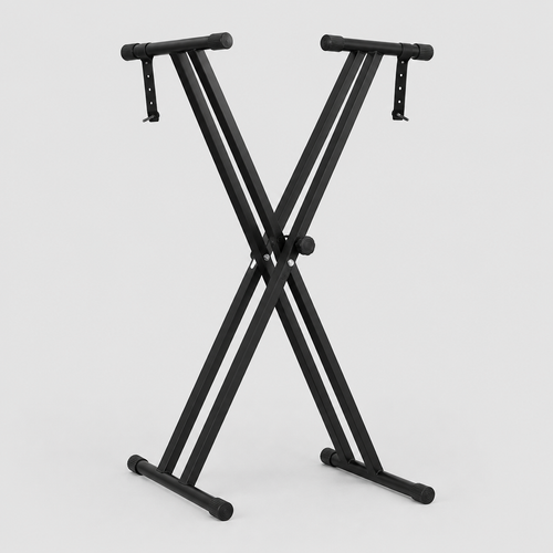 Unbranded Q-2XC-1 black double-X keyboard stand shown from the front with adjustable support arms and rubber feet