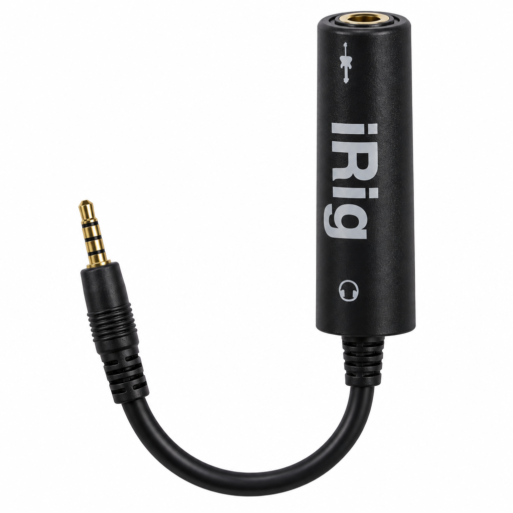 Close-up of the iRig guitar interface adapter showing the 3.5 mm plug, audio jack, controls, and genuine iRig marking