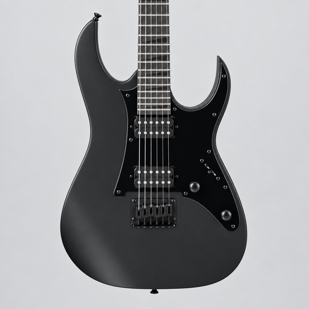 Straight-on close-up of the Ibanez GRGR131EX pickups, strings, bridge, and controls.