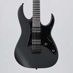 Straight-on close-up of the Ibanez GRGR131EX pickups, strings, bridge, and controls.