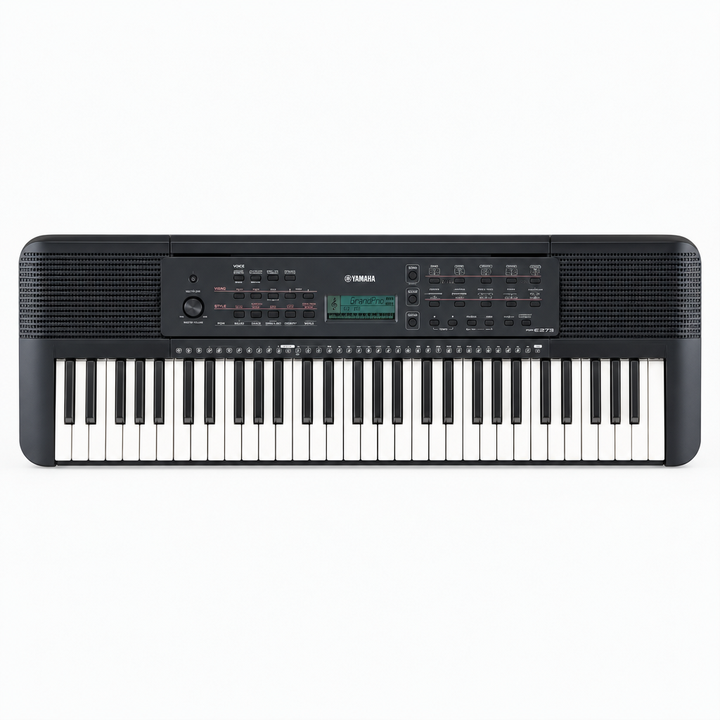 Straight-on front view of the Yamaha PSR-E273 61-key portable keyboard, showing the full keybed, speakers and control panel.