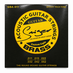 Close-up of the Smiger GBA-011 brass acoustic guitar strings package showing the original .011-.052 gauge and package specifications