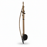 Egyptian rababa shown from a side-angled view highlighting the wooden body and bow on a white background