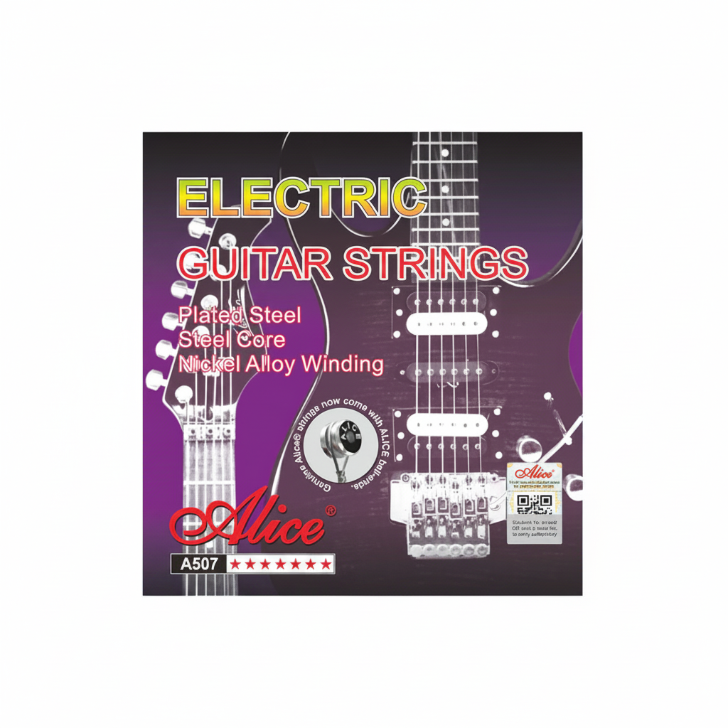 Alice A507 electric guitar strings package shown straight-on with Alice branding, plated steel, steel core, nickel alloy winding, and original printed details preserved on a clean white background